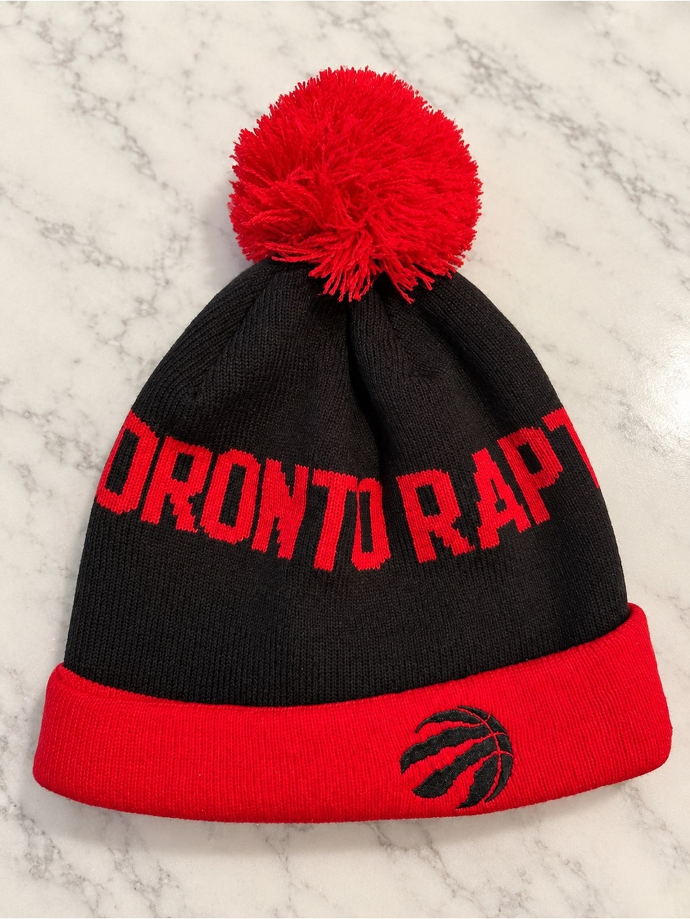 Black & Red Pom Beanie - Official NBA Team Knit Hat